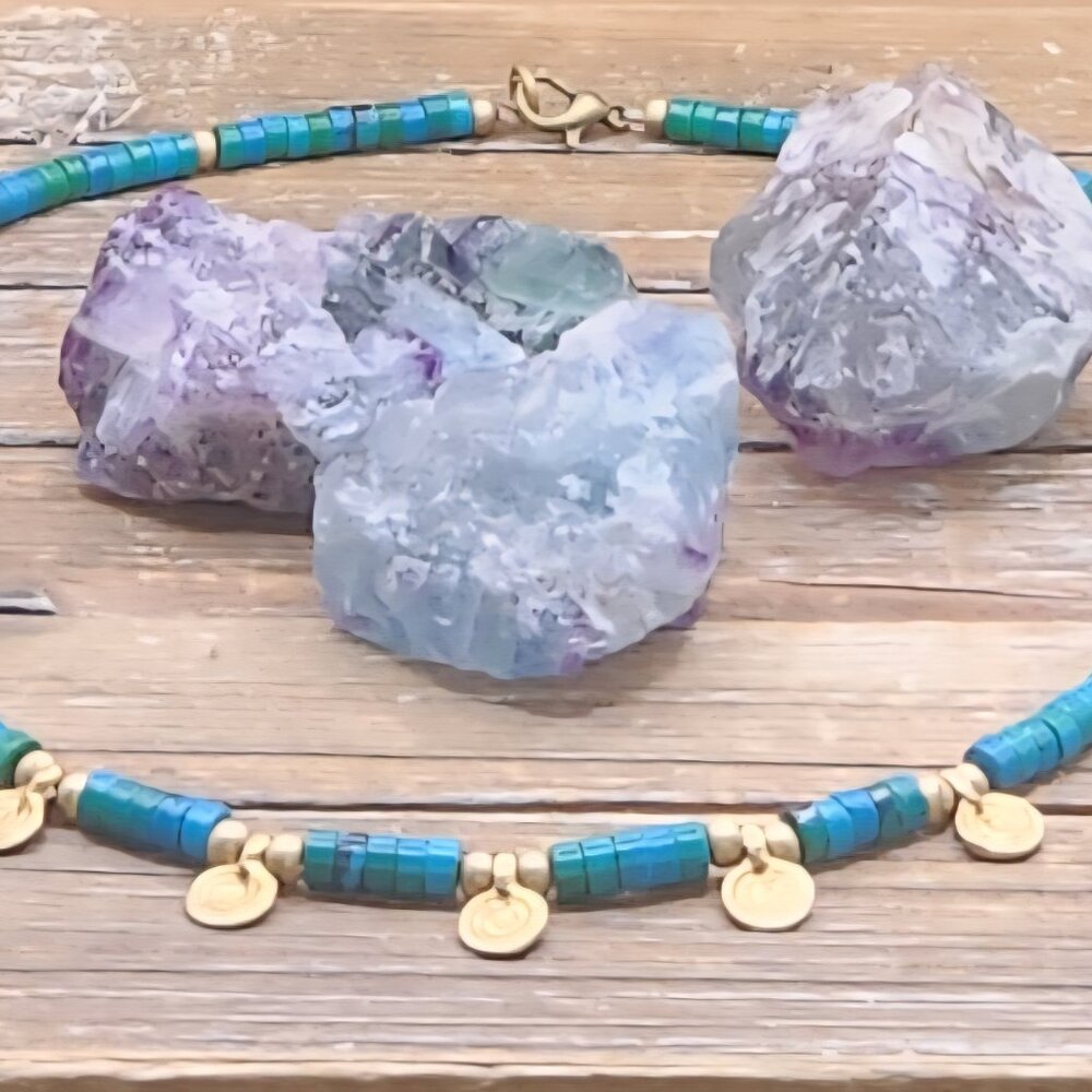 Azurite and Brass Spiral Charm Necklace - Picture 3 of 6